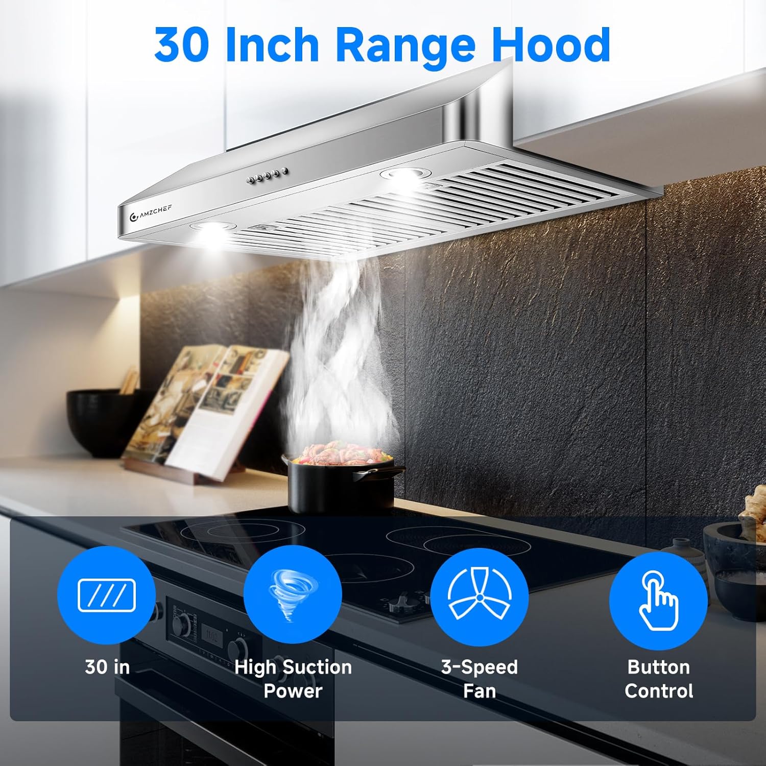 Amzchef 36-Inch Range Hood 700CFM Gesture Control SS Vent Hood