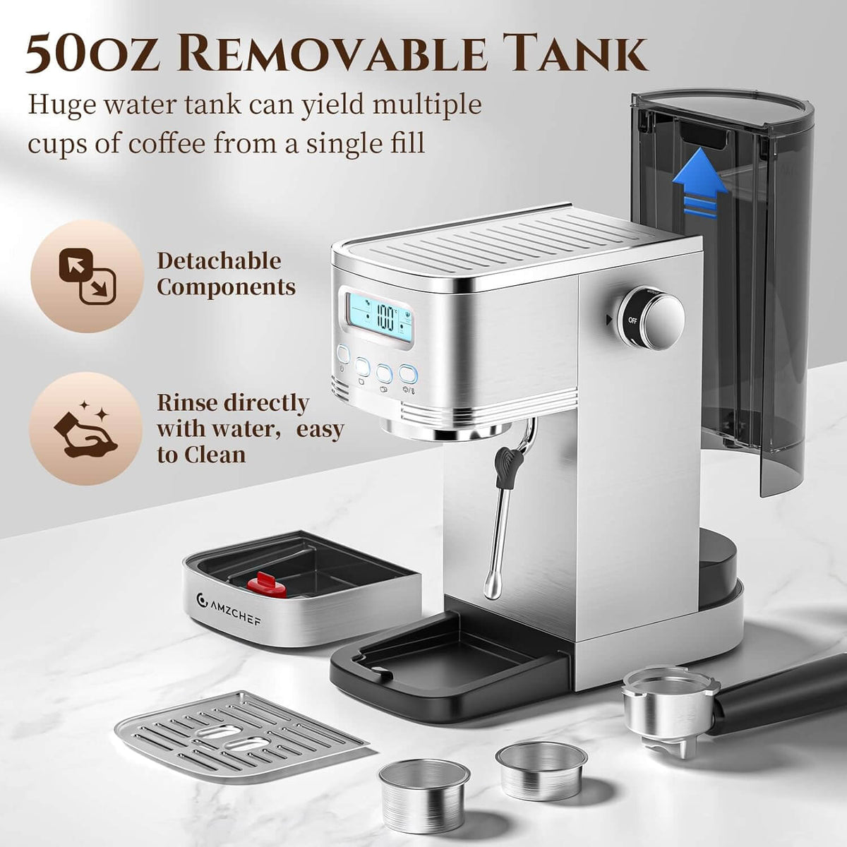 AMZCHEF Compact Latte Machine with Visual LCD 20 Bar