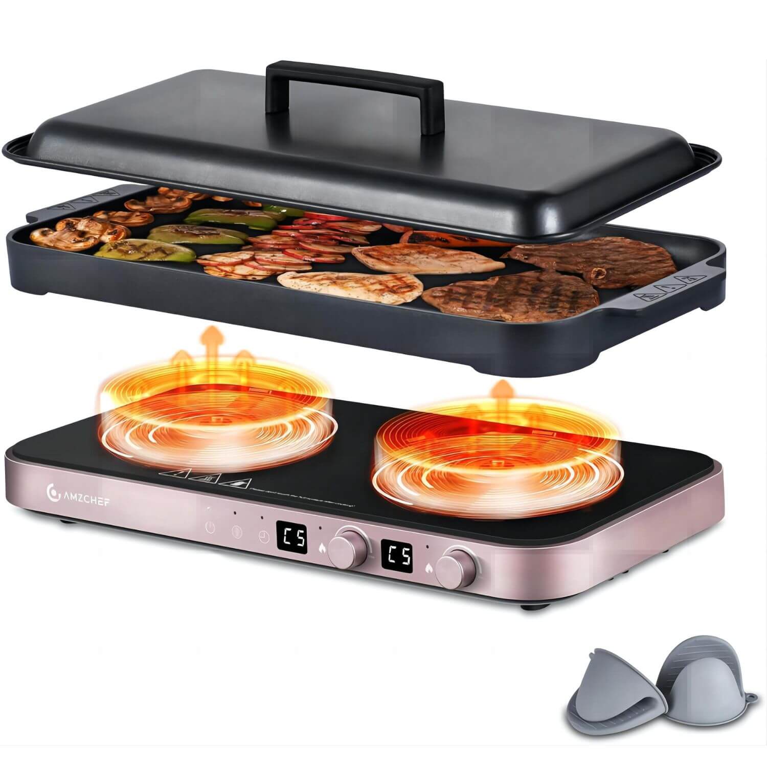 AMZCHEF Double Induction Cooktop with Removable Iron Cast Griddle Pan White