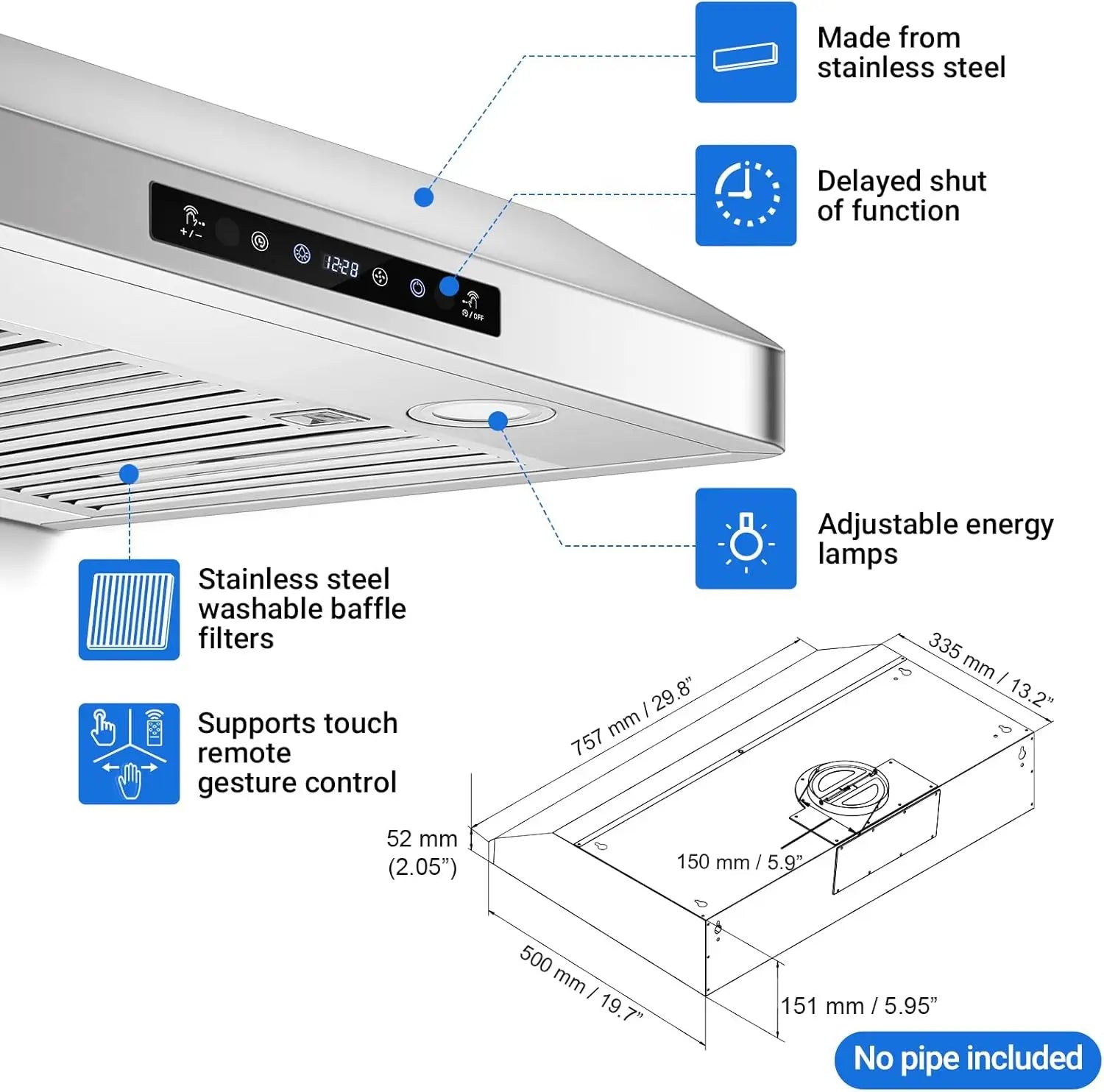 Stainless steel range hood with features highlighted on a white background