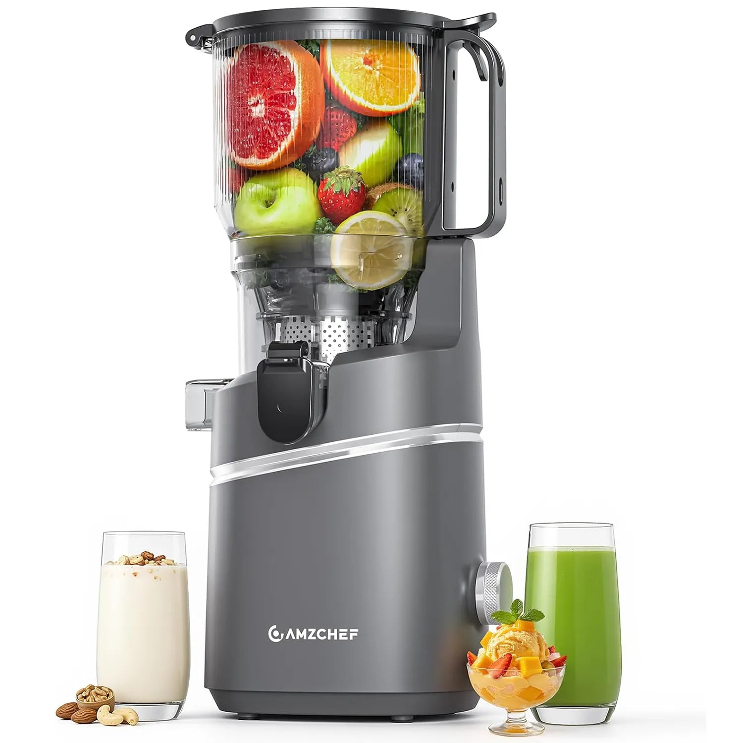 amzchef Gray juicer with fruits and drinks