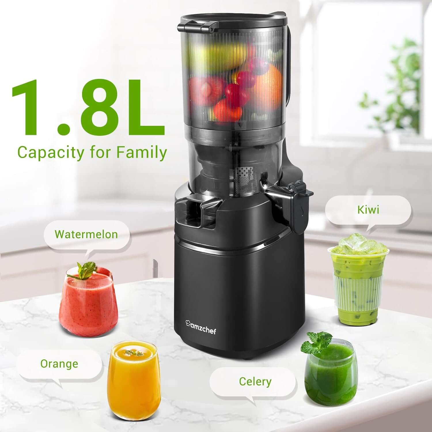 AMZCHEF Masticating Juicer 5.8-Inch Self-Feeding Black