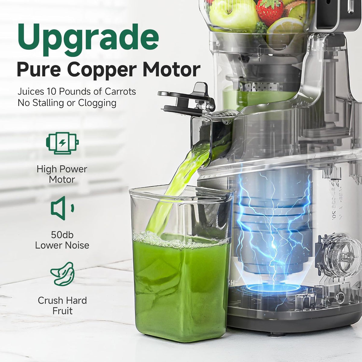 Juicer with green juice being extracted, featuring text about its features on a white background.