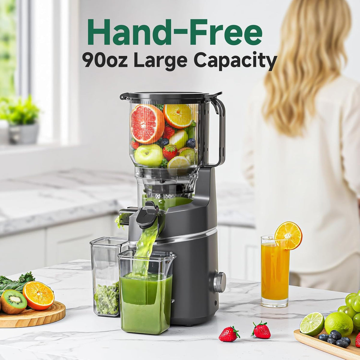 Hand-Free 90oz Large Capacity blender with fruits and drinks on a kitchen counter.