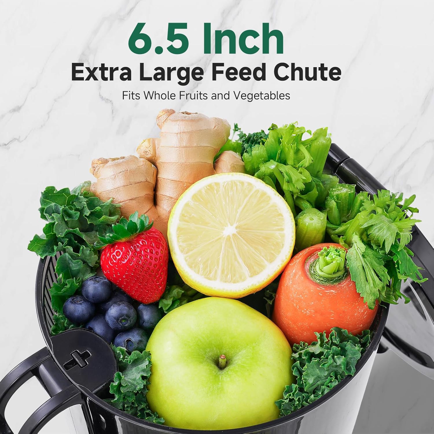 6.5 Inch Extra Large Feed Chute with fruits and vegetables on a white background