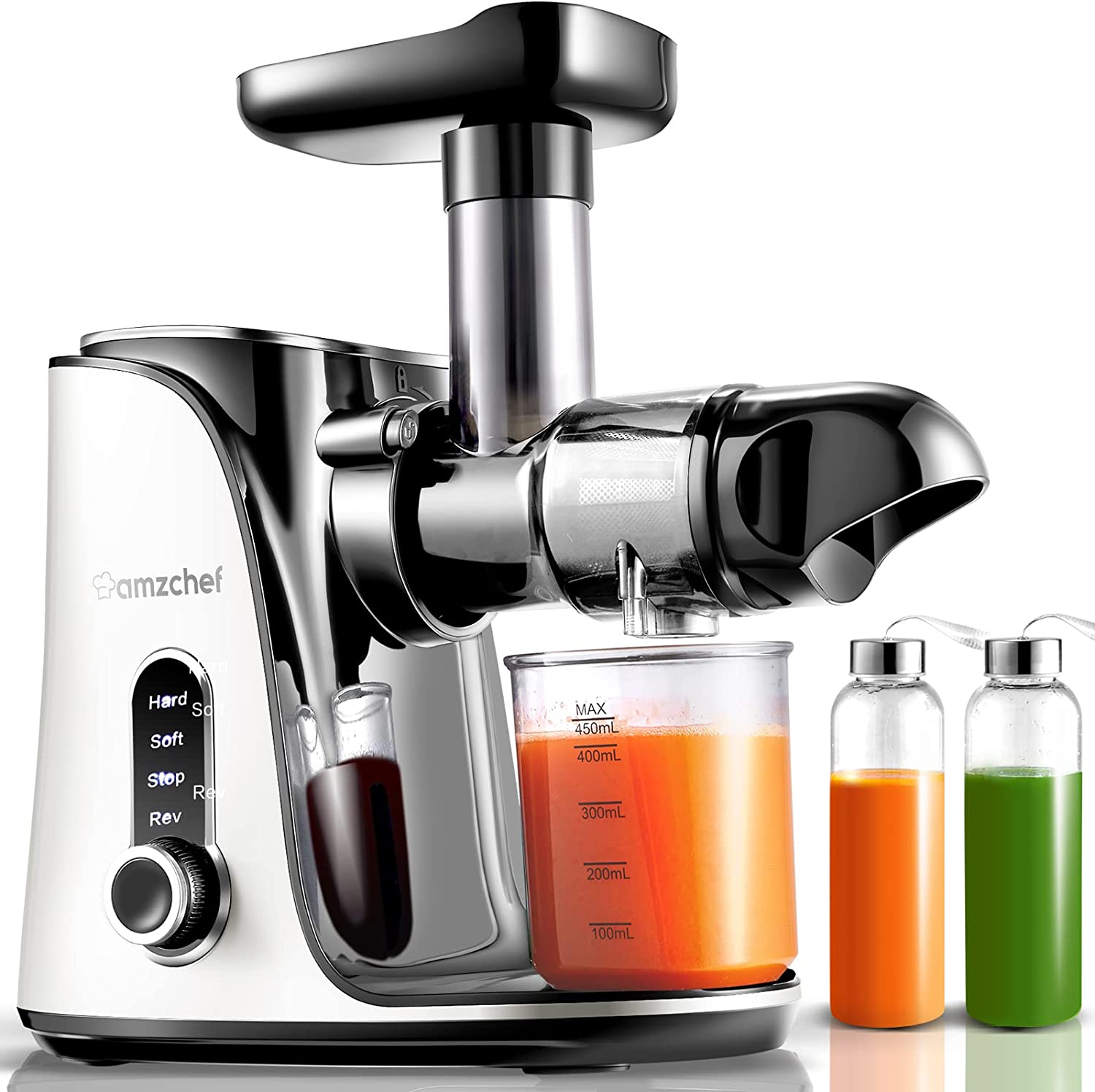 AMZCHEF Slow Masticating Juicer Extractor, Cold Press Juicer with Two Speed Modes, 2 Travel bottles(500ML),LED display, Easy to Clean Brush & Quiet Motor for Vegetables&Fruits,White