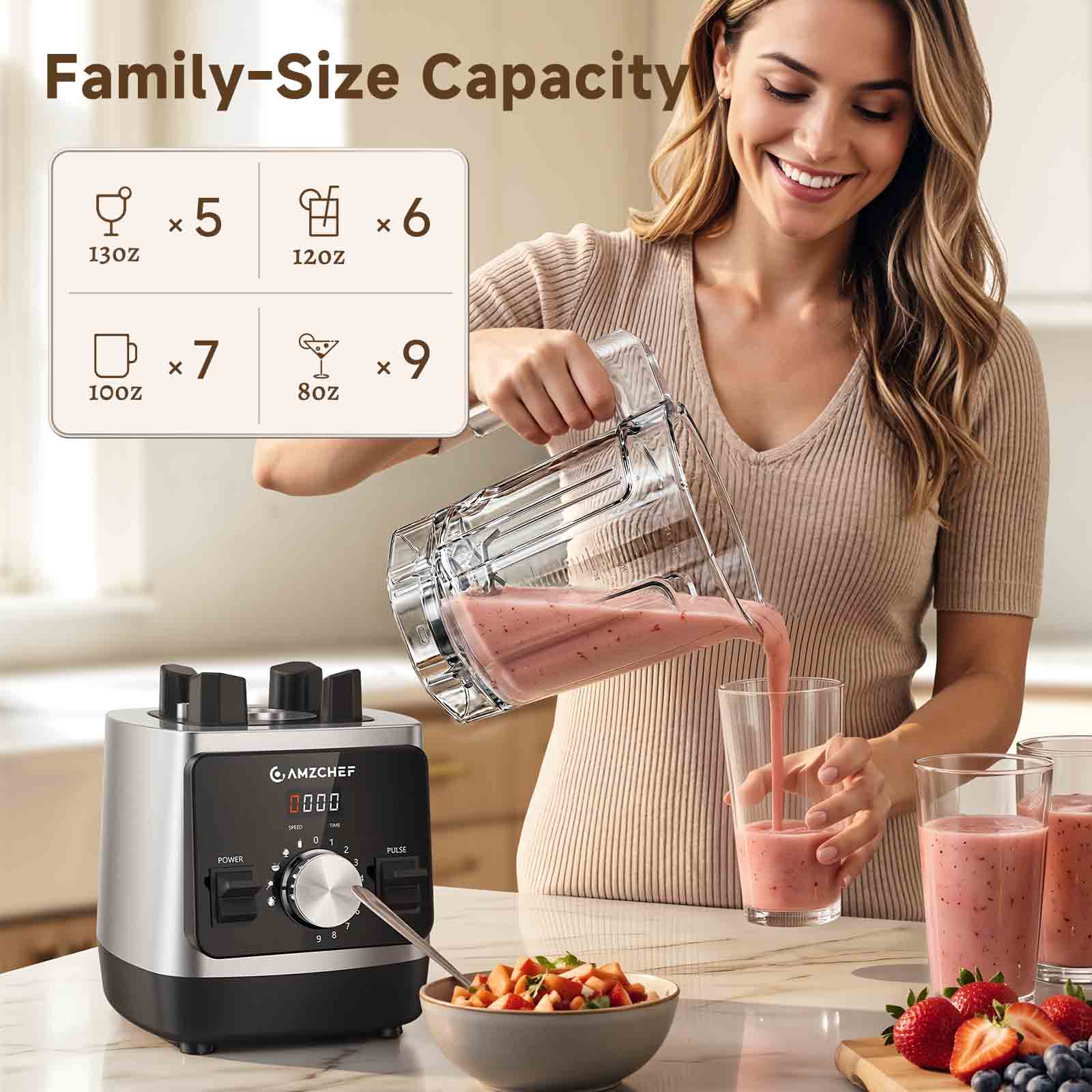Amzchef 1800W Countertop Blender with 6-Blade | 68oz BPA-Free Pitcher