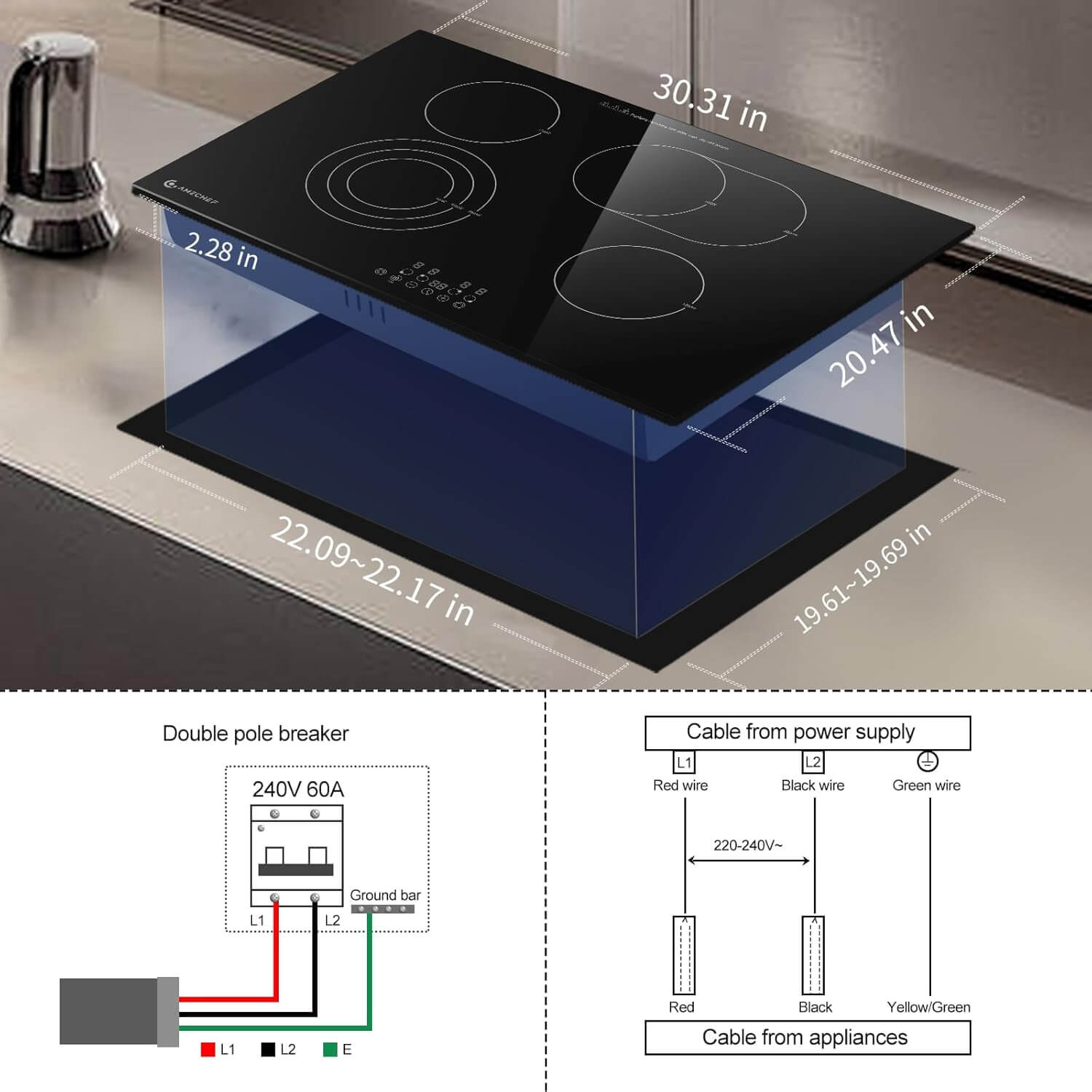 AMZCHEF Induction Range 30 Inch Built-in Countertop with 4 Burners 6700W