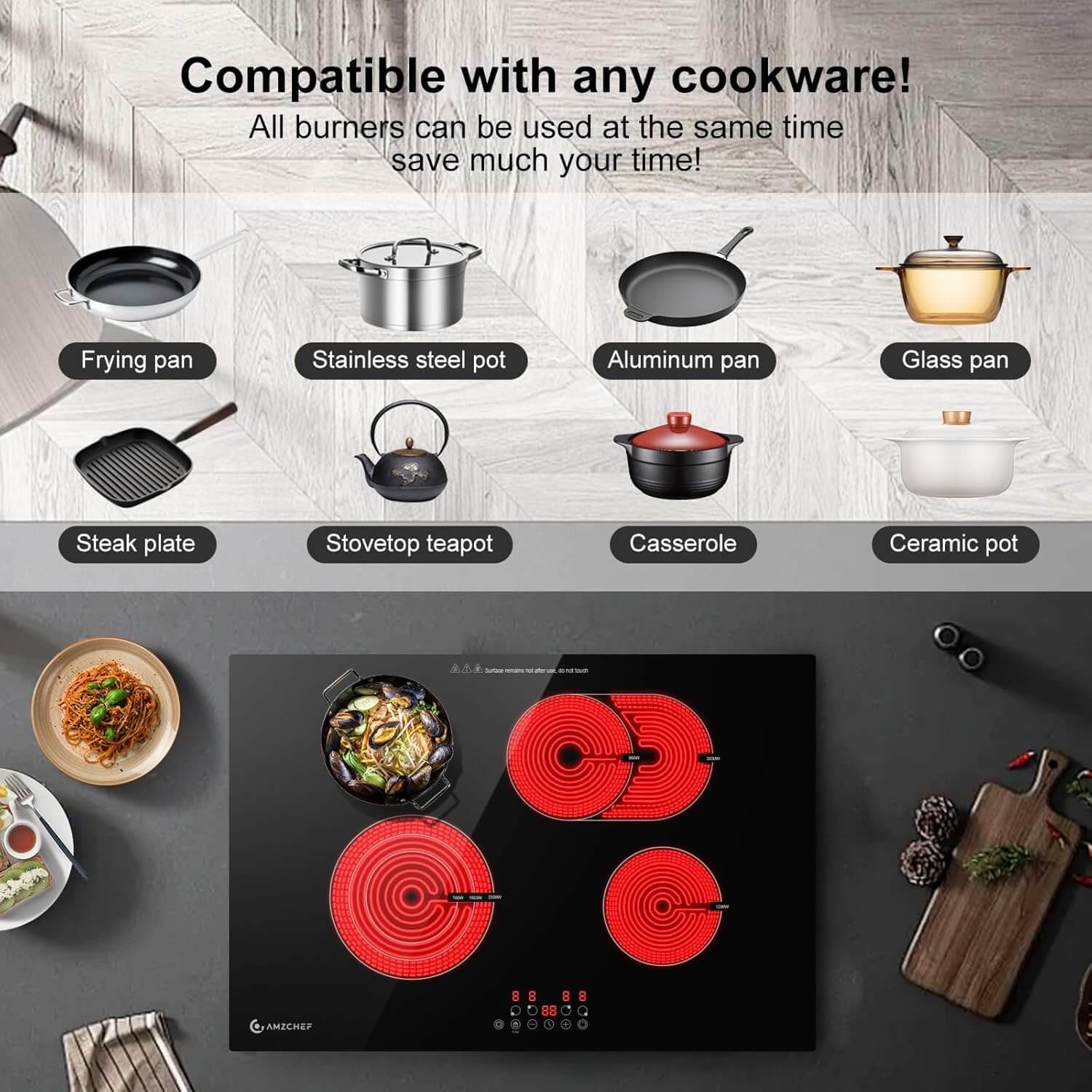 AMZCHEF Induction Range 30 Inch Built-in Countertop with 4 Burners 6700W