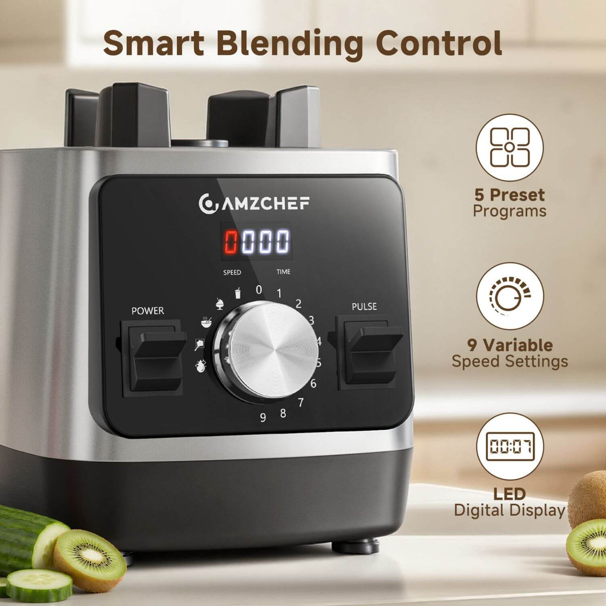 AMZCHEF Smoothie Blender 6 Titanium Blades 68oz Self Cleaning