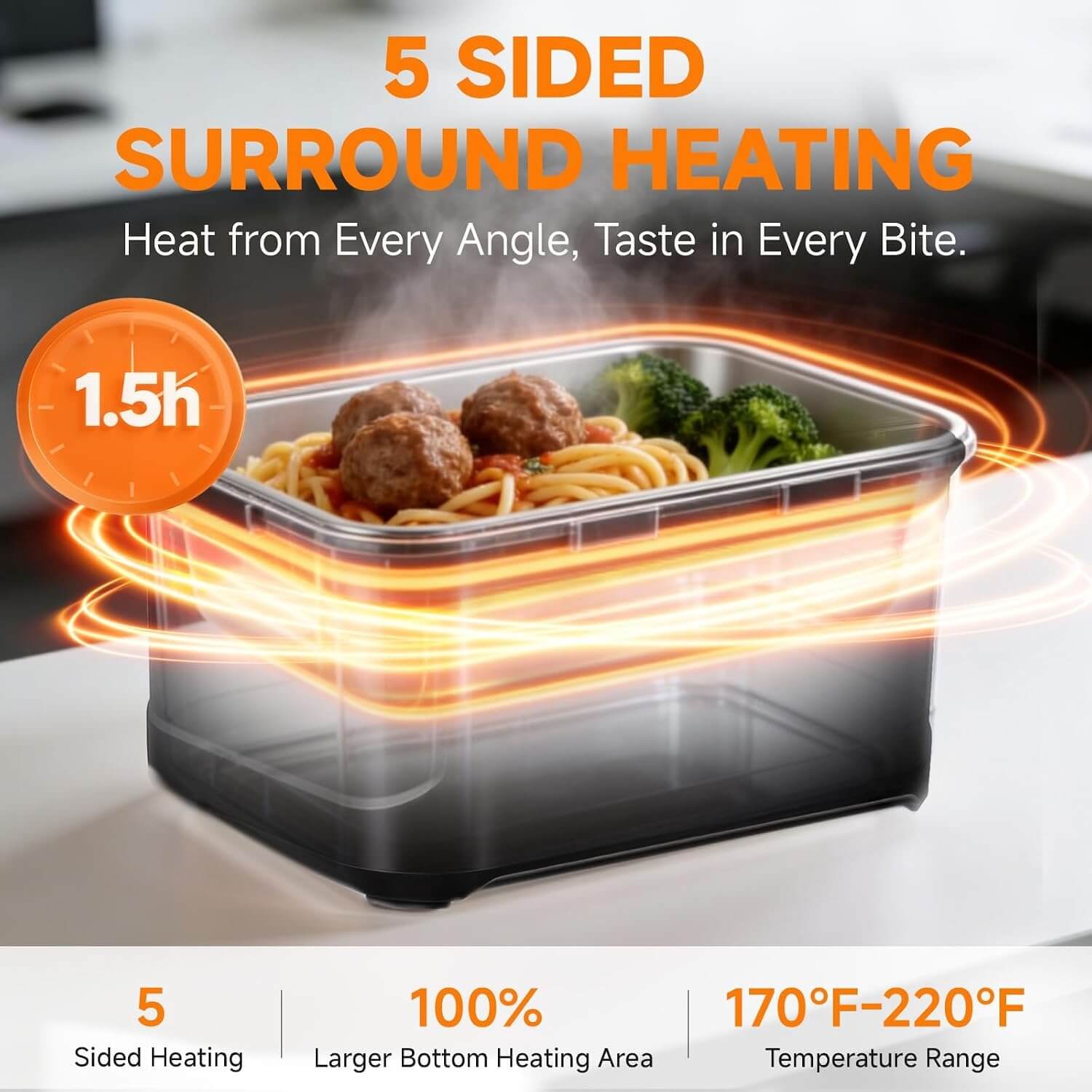 AMZCHEF 5-sided heating lunch box keeps food hot evenly