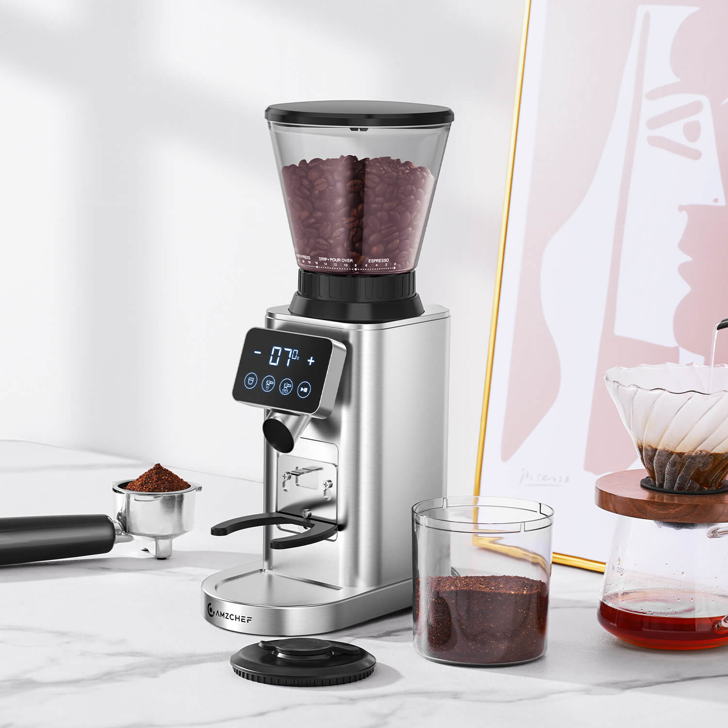 AMZCHEF Coffee Bean Grinder With Detachable Funnel Stand