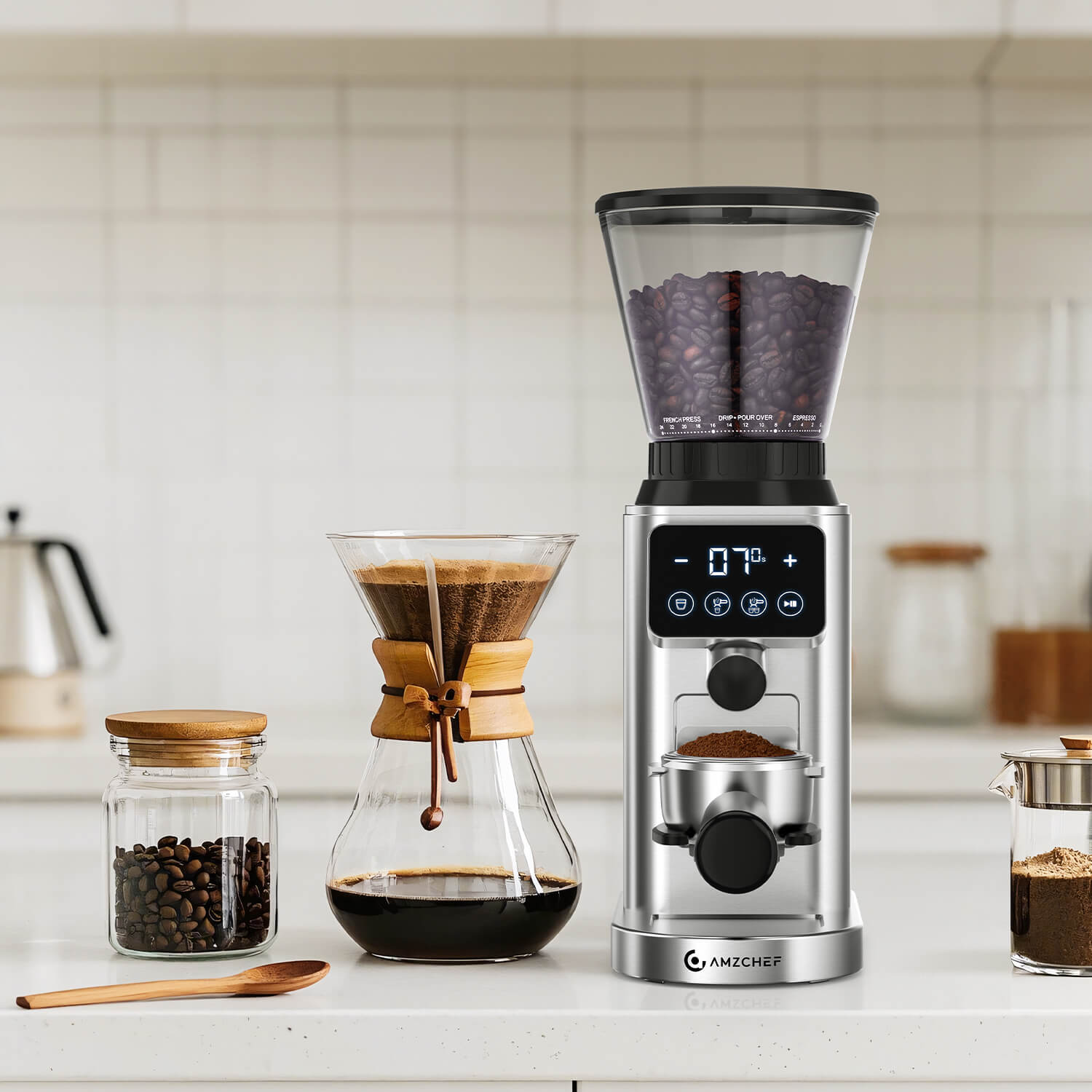AMZCHEF Coffee Bean Grinder With Detachable Funnel Stand