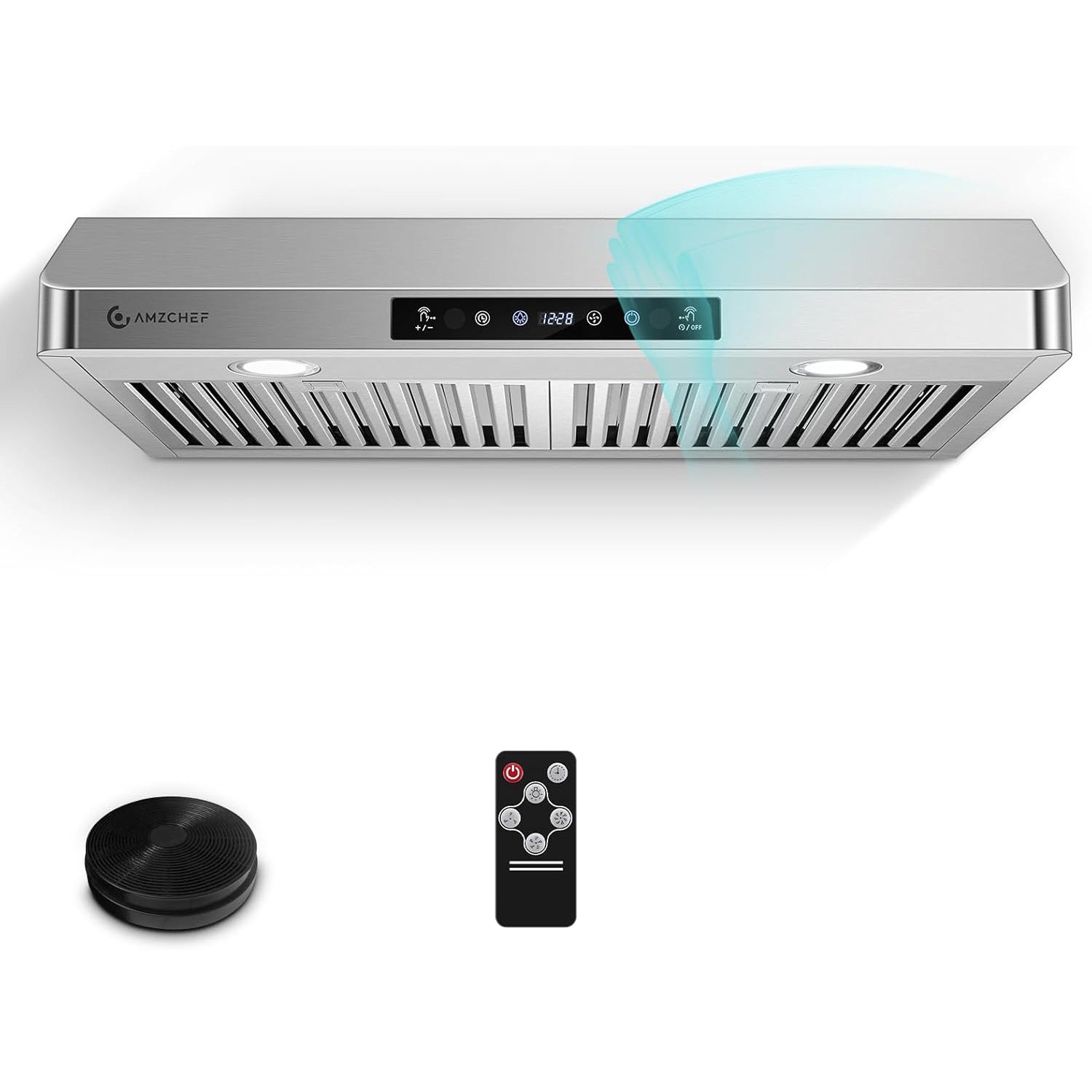 Stainless steel range hood with remote control on a white background