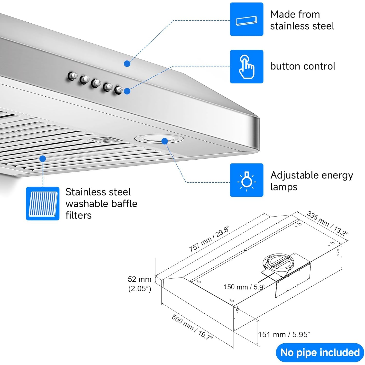 Amzchef 36-Inch Range Hood 700CFM Gesture Control SS Vent Hood