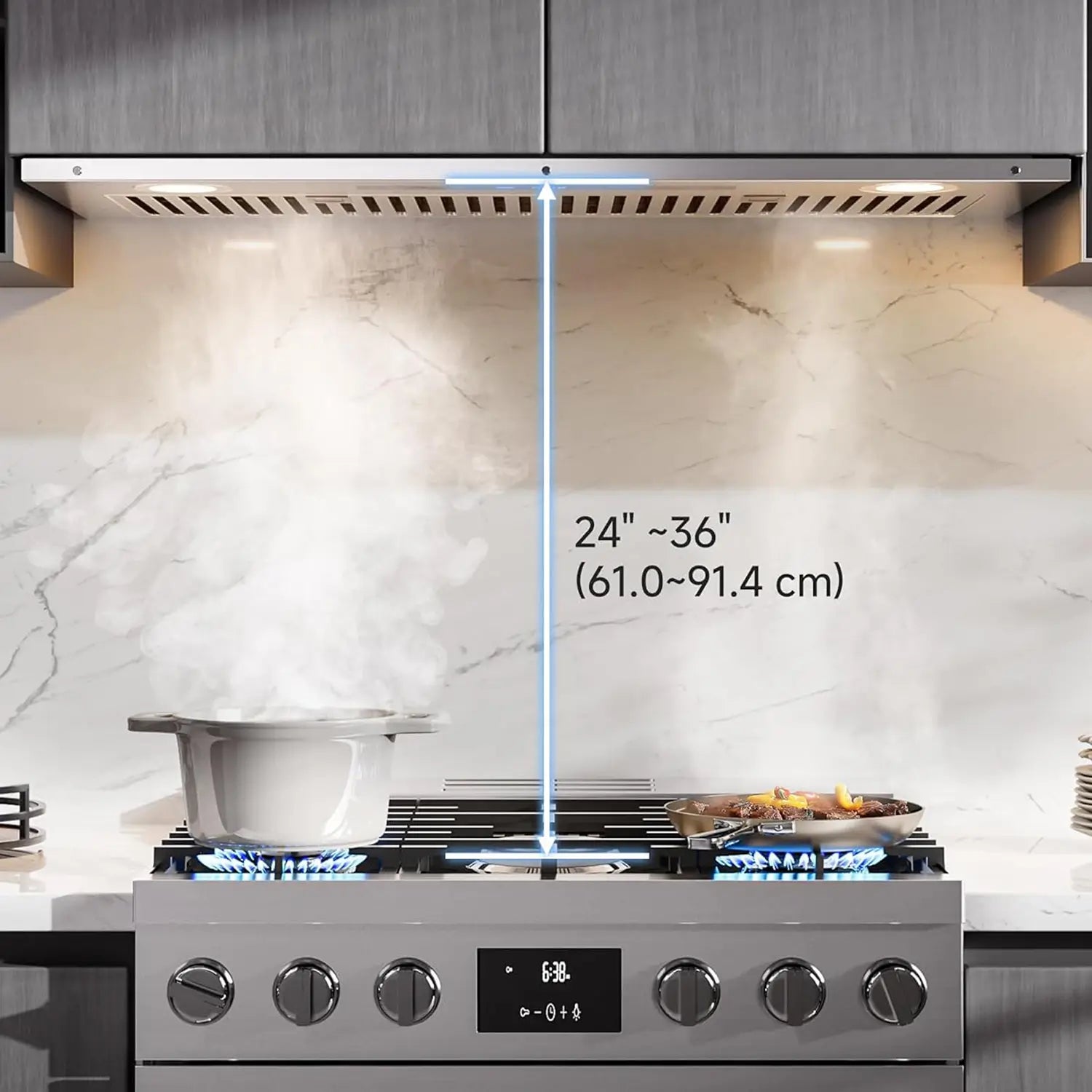 Stainless steel range with gas cooktop and hood in a kitchen setting