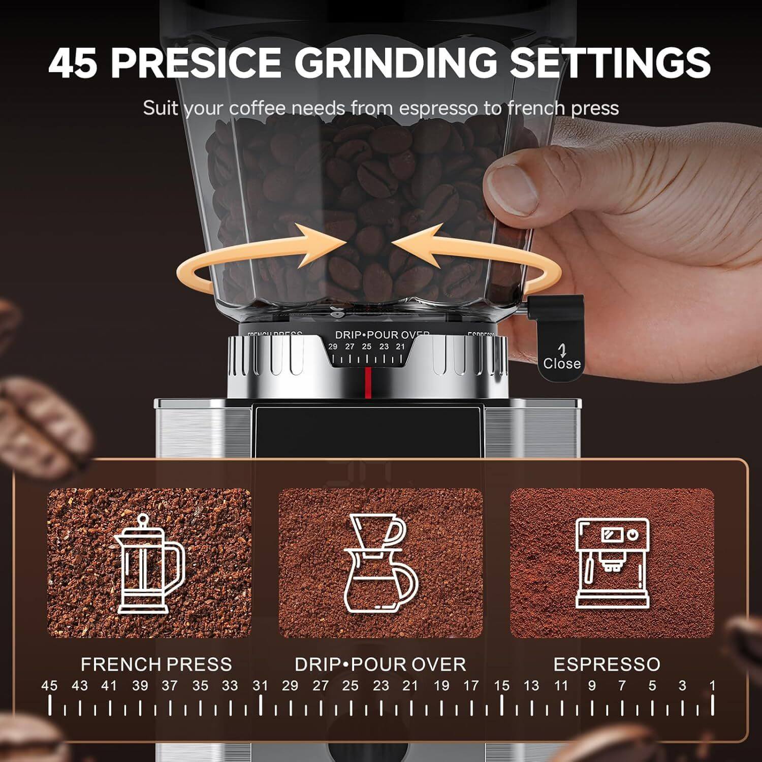 AMZCHEF Burr Coffee Grinder - 45 Settings 40mm CB AS 300g Hopper Espresso-FP