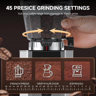 AMZCHEF Burr Coffee Grinder - 45 Settings 40mm CB AS 300g Hopper Espresso-FP