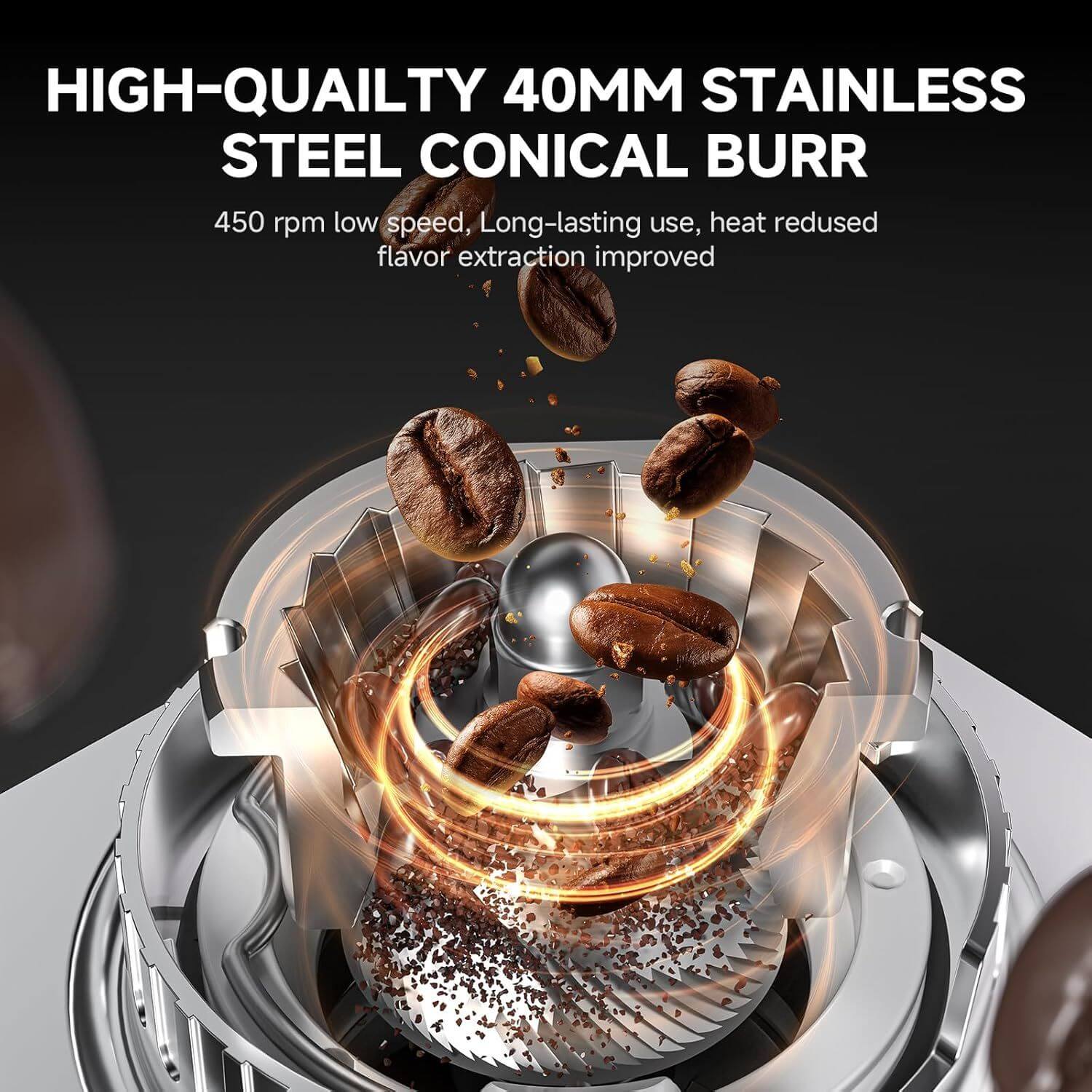 AMZCHEF Burr Coffee Grinder - 45 Settings 40mm CB AS 300g Hopper Espresso-FP