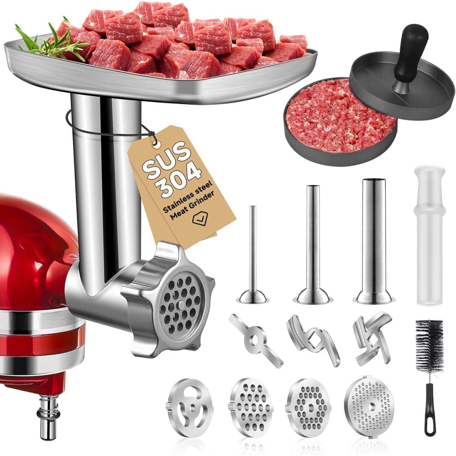KitchenAid meat grinder attachment with 4 grinding plates and 3 sausage stuffer tubes