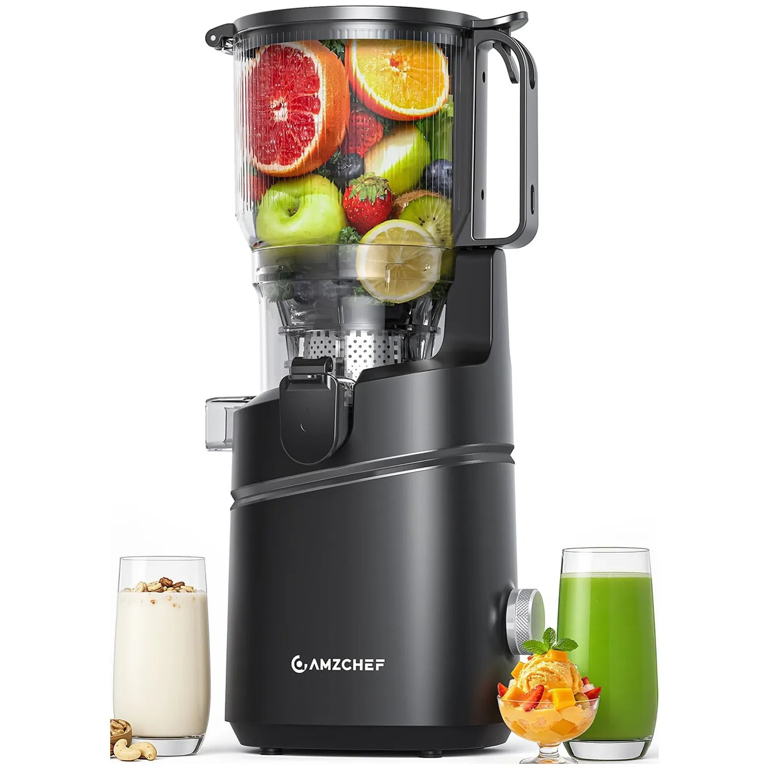 Black juicer with fruits inside, surrounded by various juice drinks