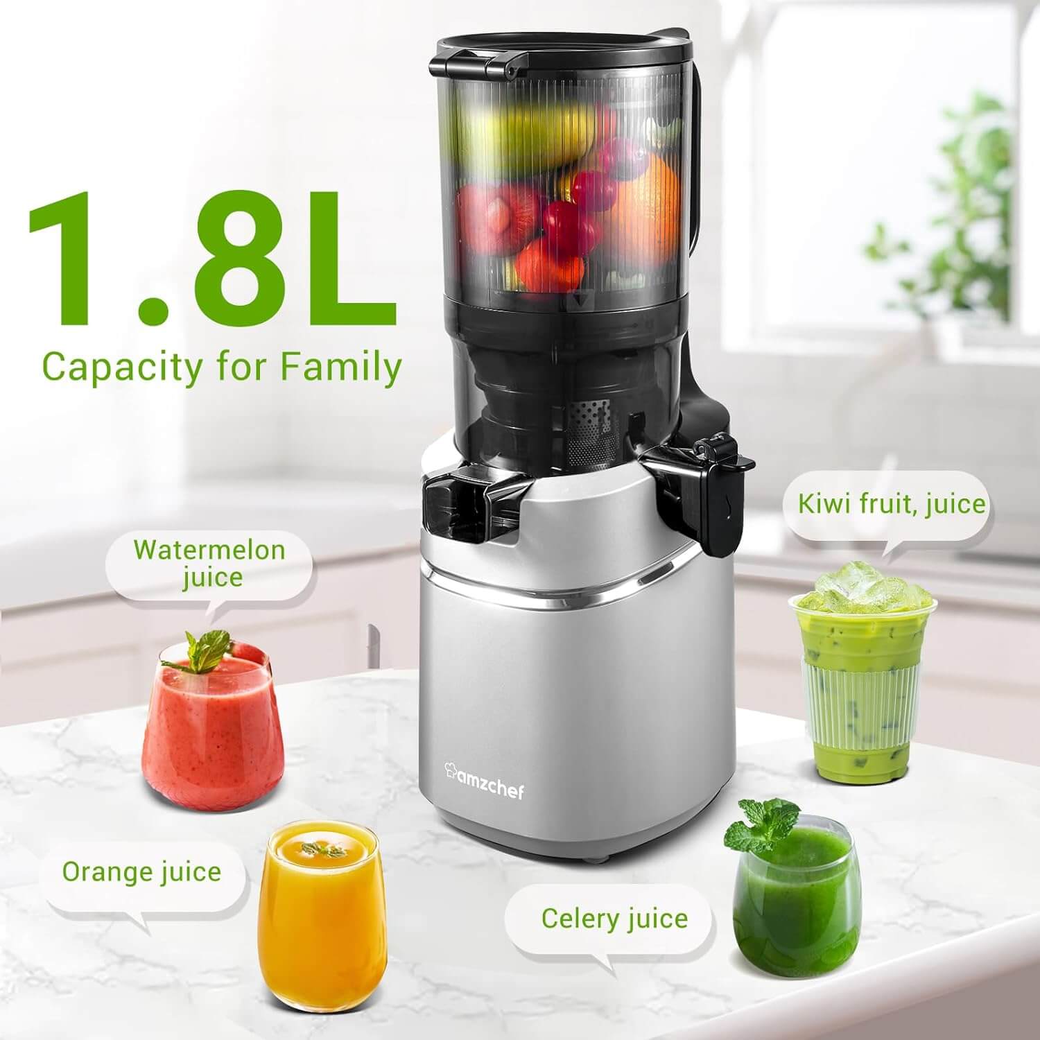 AMZCHEF Masticating Juicer 5.8-Inch Self-Feeding Silver