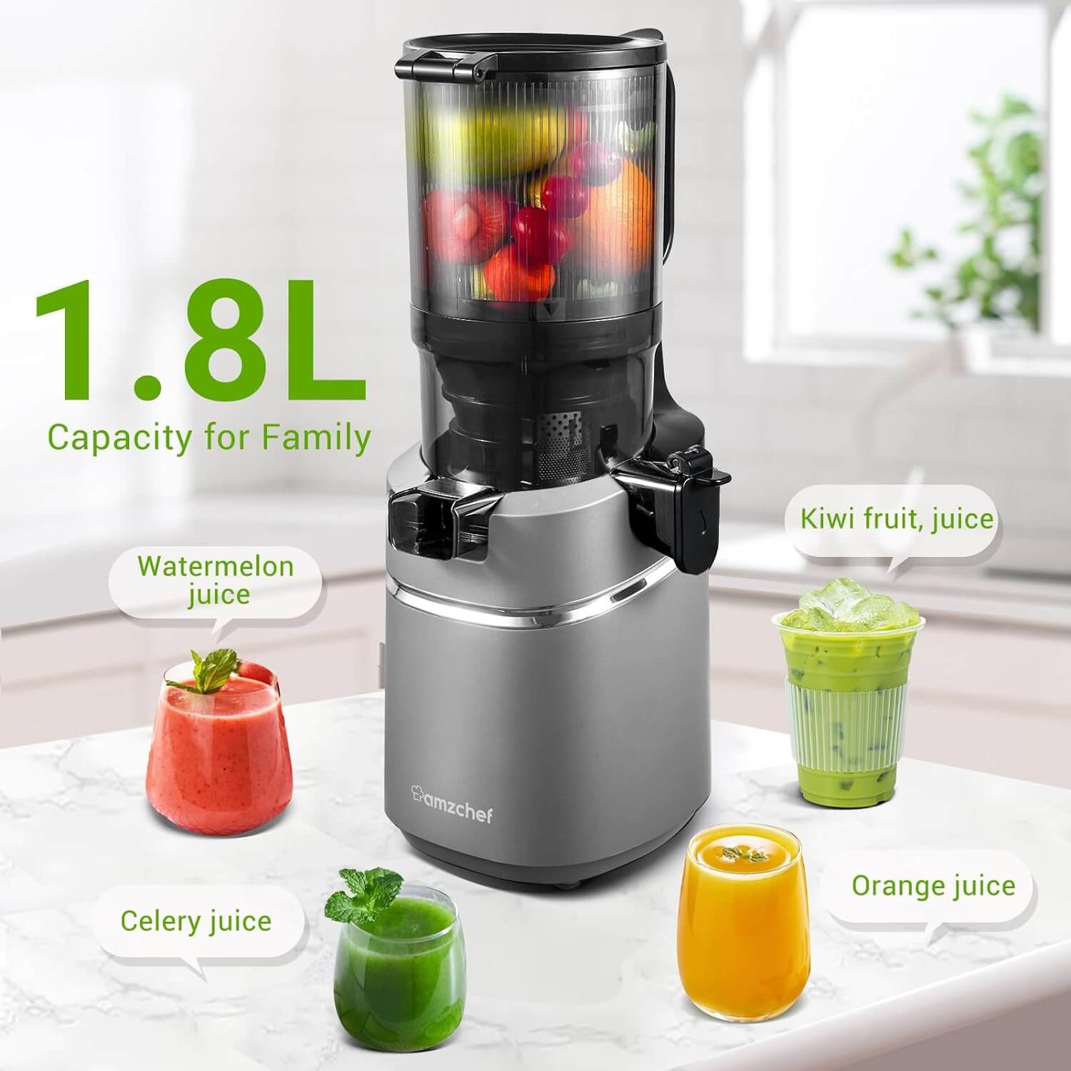 AMZCHEF Masticating Juicer 5.8-Inch Self-Feeding Fit Whole Fruits & Vegetables