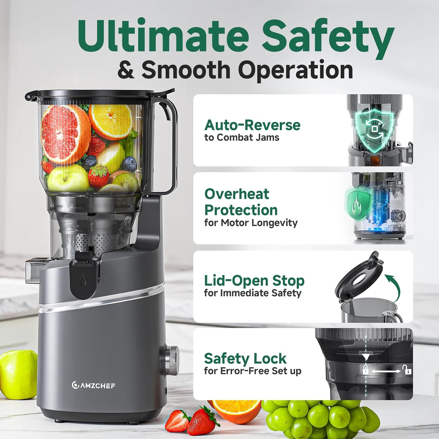 Amzchef juicer with safety features and fruits on a white background