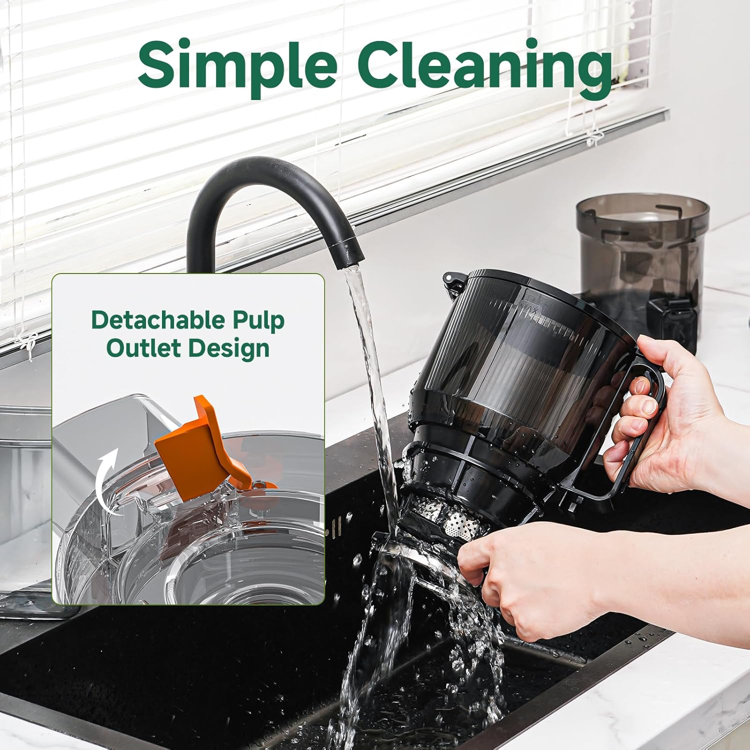 Person washing a black Amzchef slow juicer under running water from a faucet, with text highlighting 'Simple Cleaning' and 'Detachable Pulp Outlet Design'.