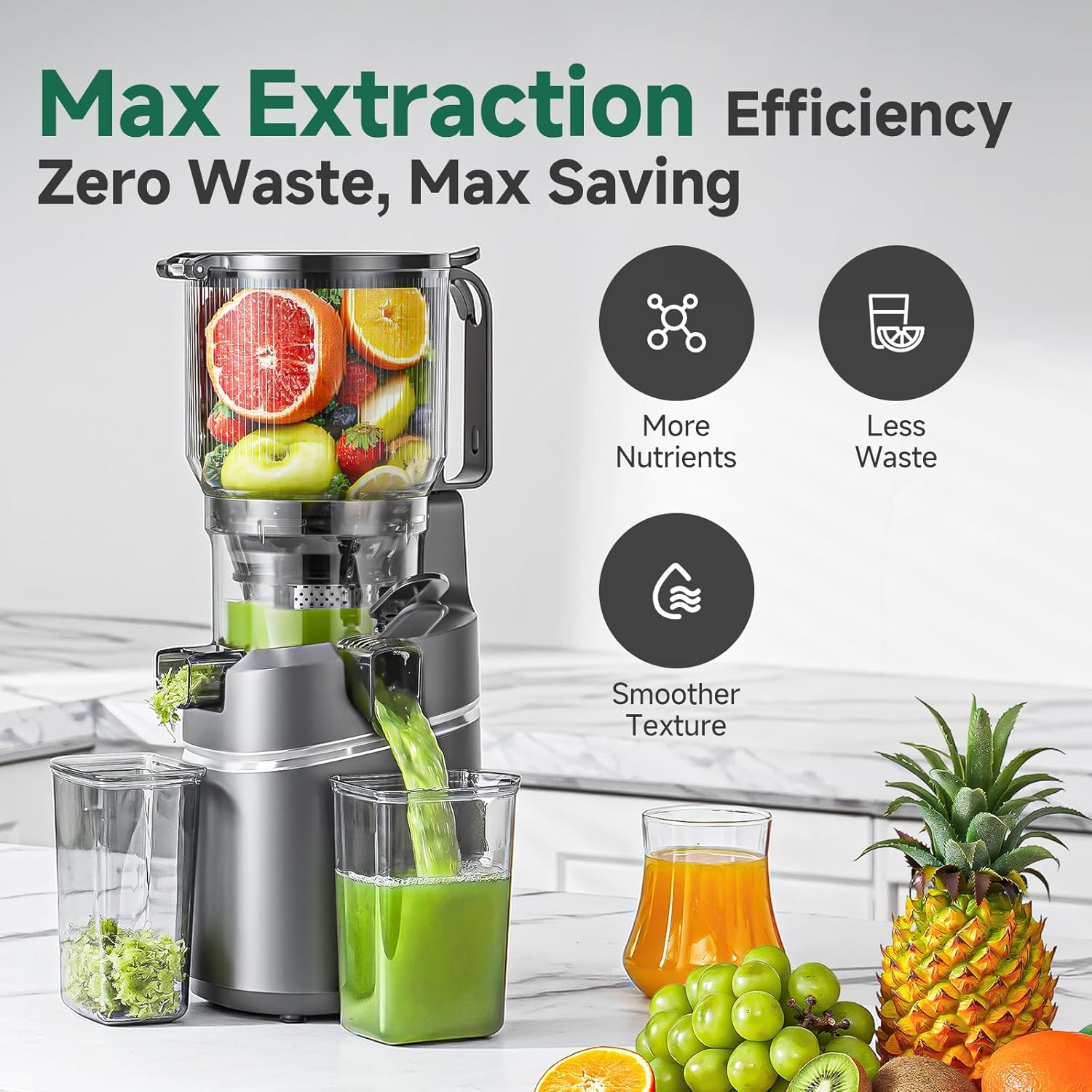 Juicer with fruits and vegetables, displaying 'Max Extraction Efficiency' text.