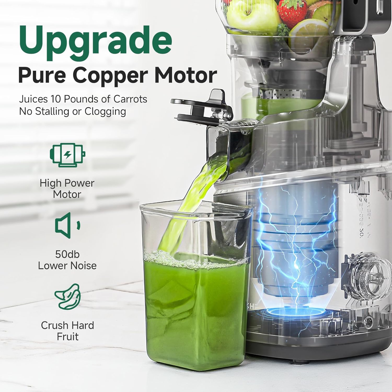 Juicer with green juice being extracted, featuring text about its features on a white background.