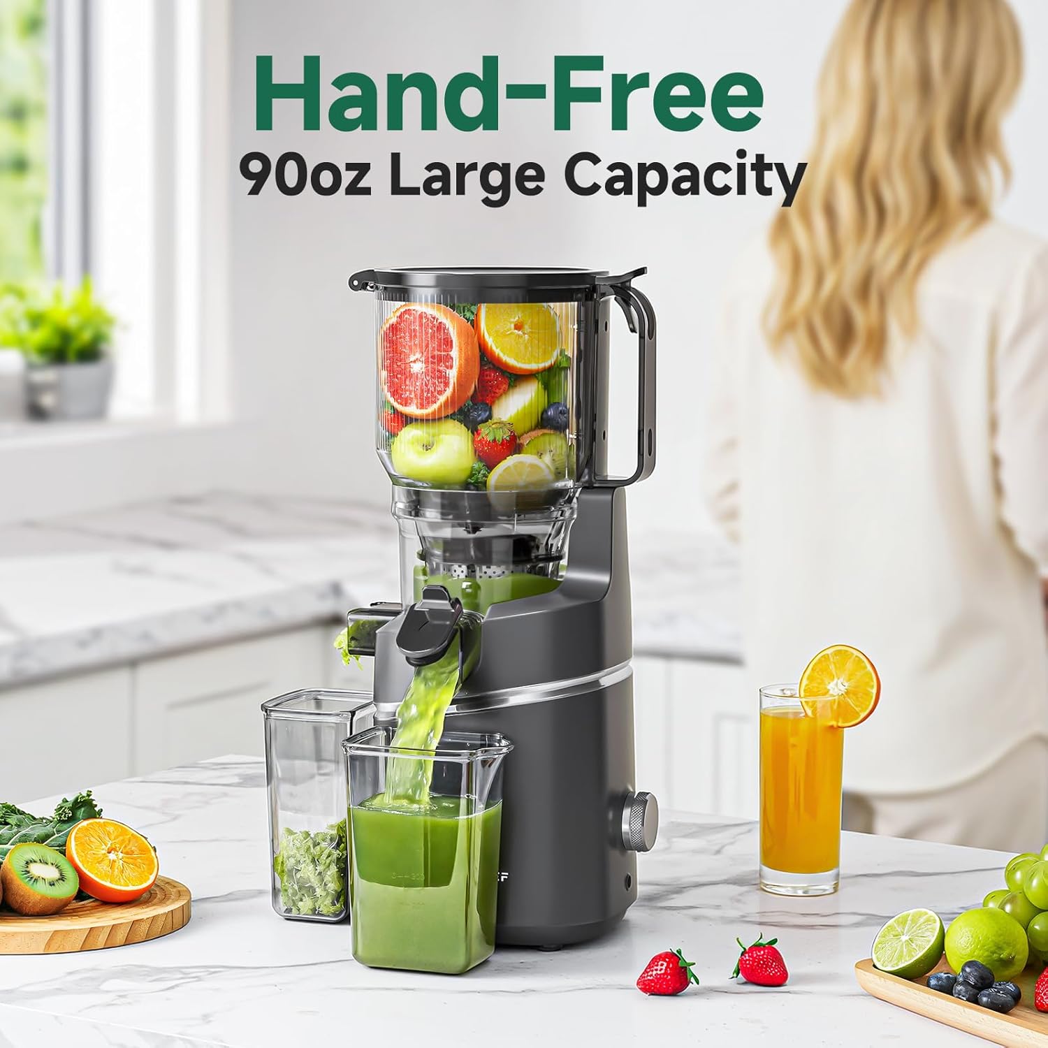 Hand-Free 90oz Large Capacity blender with fruits and drinks on a kitchen counter.