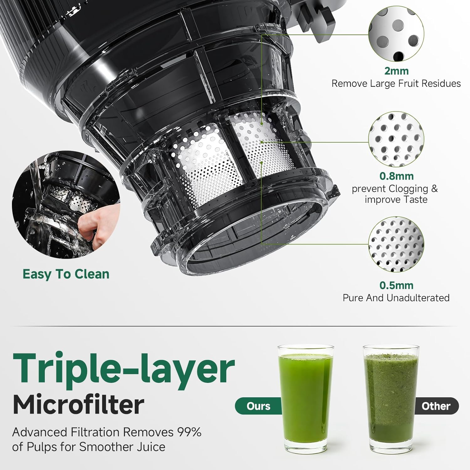Triple-layer microfilter with cleaning illustration and comparison of juice quality.