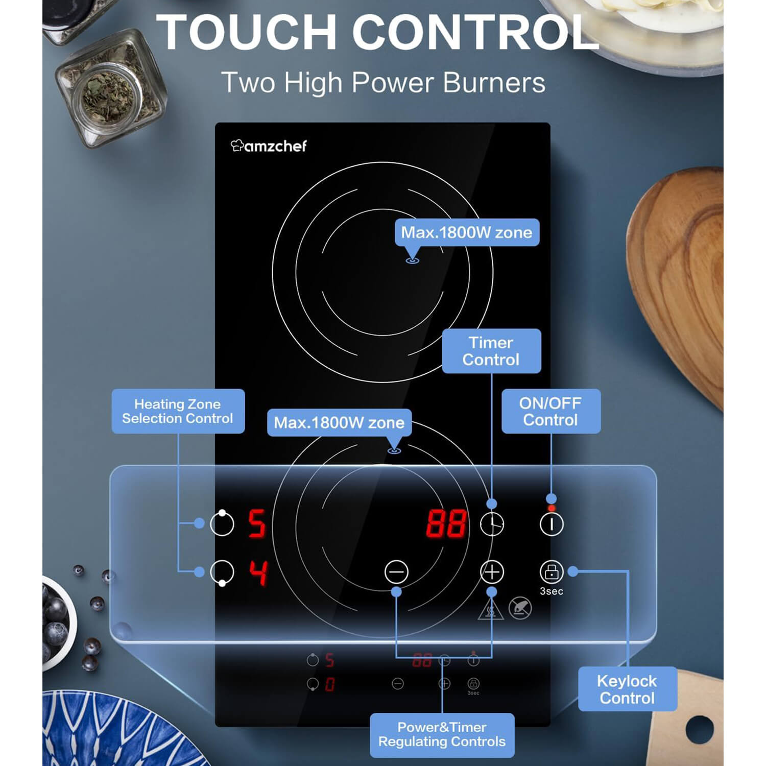 AMZCHEF 12 Inch Electric Stove Hob 2 Burners 1800W