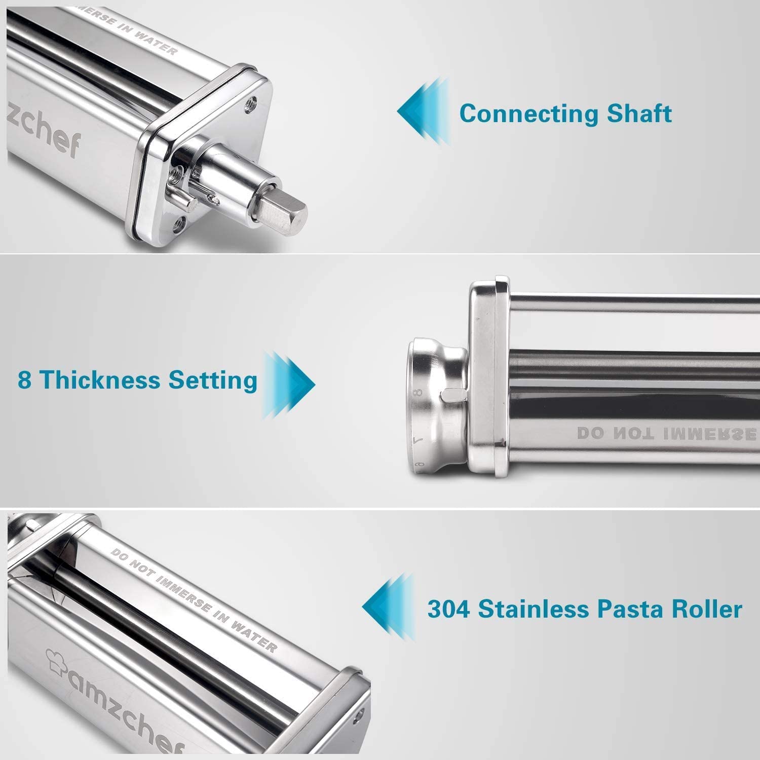 AMZCHEF Pasta Maker Attachments Set for KitchenAid Stand Mixers, 3 Pcs Stainless Steel Pasta Maker Attachment for Kitchenaid, Includes Pasta Rolle